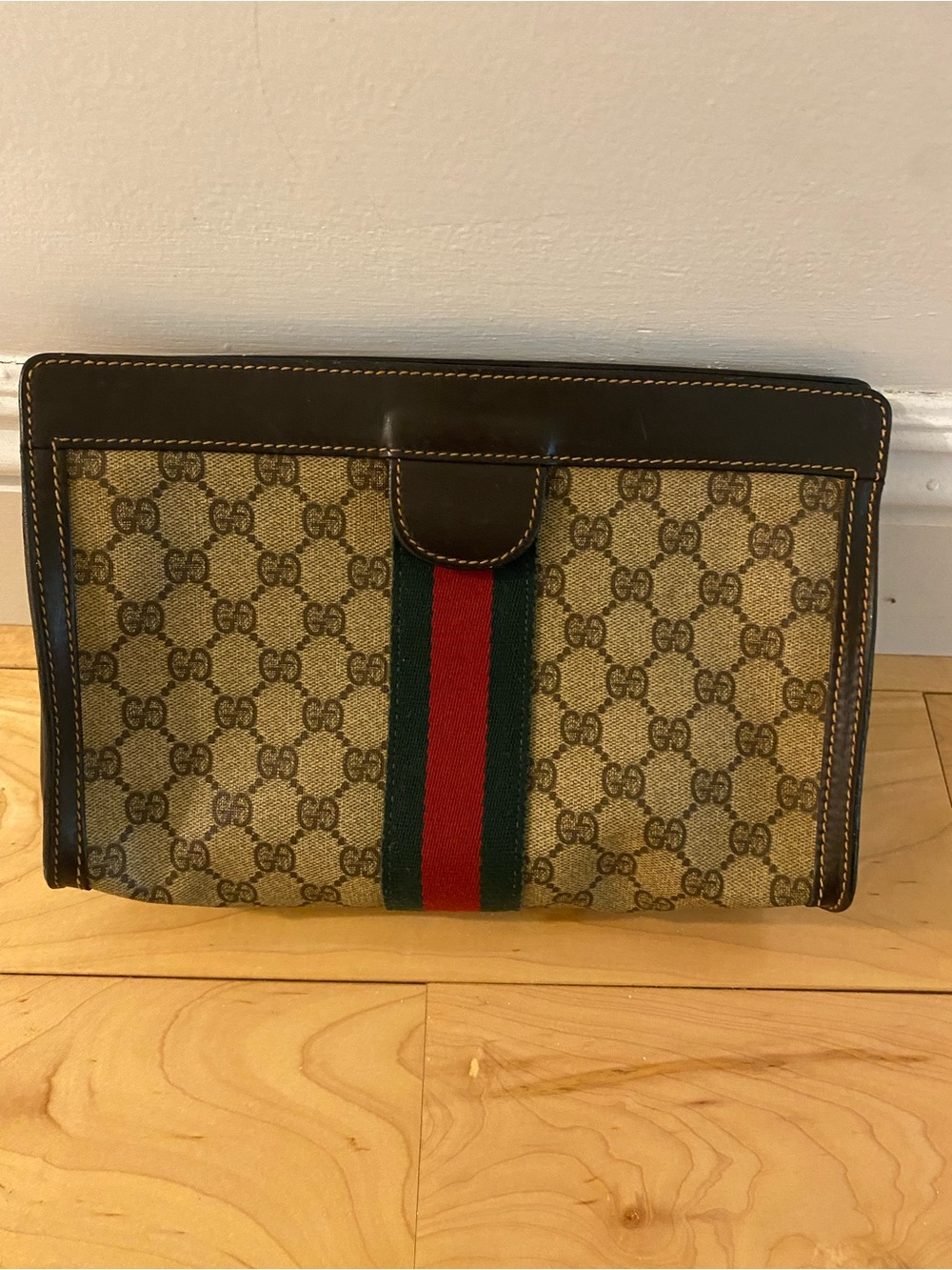 Vintage Gucci Tan Monogram Gg Clutch Pouch with Red-Green Web Stripe